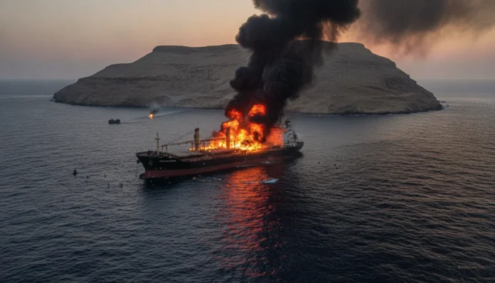O navă a fost lovită de un proiectil și a izbucnit un incendiu la bord, lângă insula iraniană Lavan.