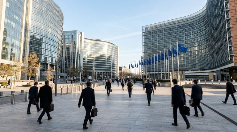 Clădiri moderne europene din sticlă și oțel și steaguri fluturând sub cerul senin de dimineață.