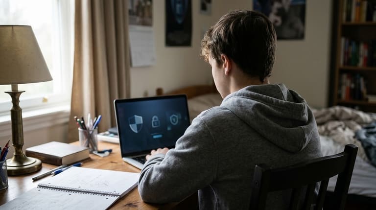 Un adolescent văzut din spate la birou, privind ecranul luminos al unui laptop cu simboluri de securitate.