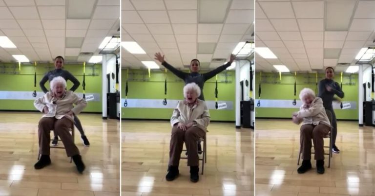 O doamnă de 93 de ani şi râsul ei molipsitor în timp ce-şi face exerciţiile fizice au devenit virale!